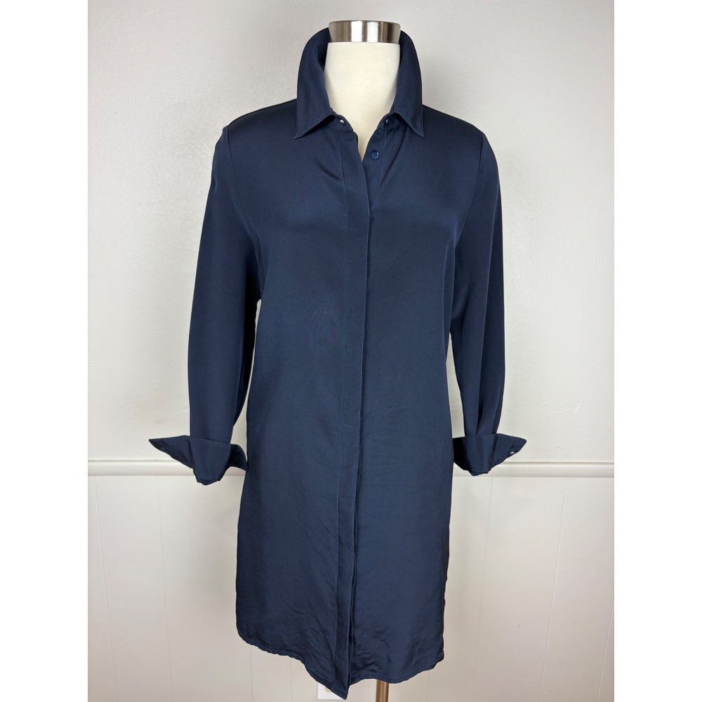 Lilysilk Midnight Blue Button Front Plain Drape Dress Size M Collared Long Sleev
